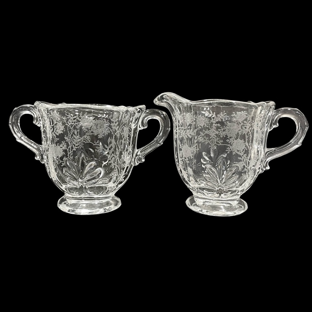 Vintage 1940s Fostoria Glass Company Chintz Etched Floral Pattern Sugar Creamer